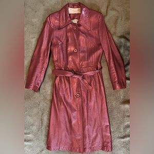 Vintage Garfen Leatherware Leather Long Belted Button Coat Red Small Pre Owned
